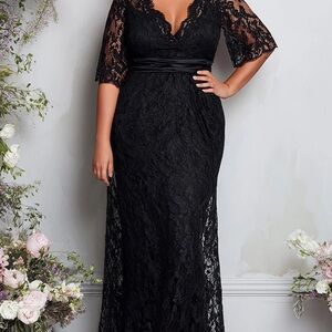FlyCurvy Plus Size Formal Black Lace Half Sleeve Maxi Dress